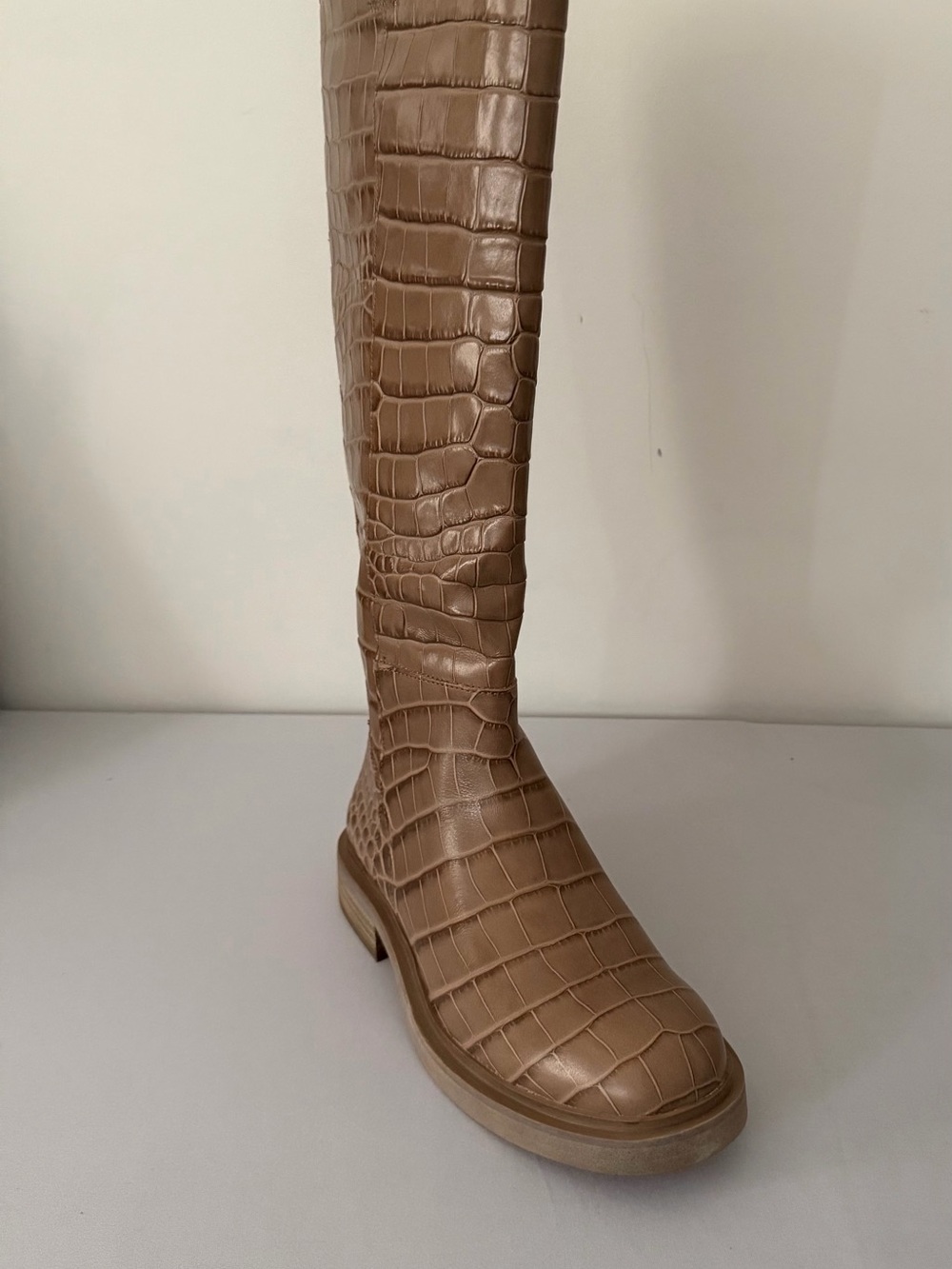 Sam Edelman Croc-Embossed Knee-High Heeled Boot in Taupe